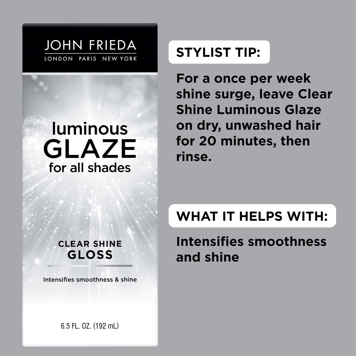 Back view of John Frieda Luminous Glaze Clear Shine Hair Gloss packaging
