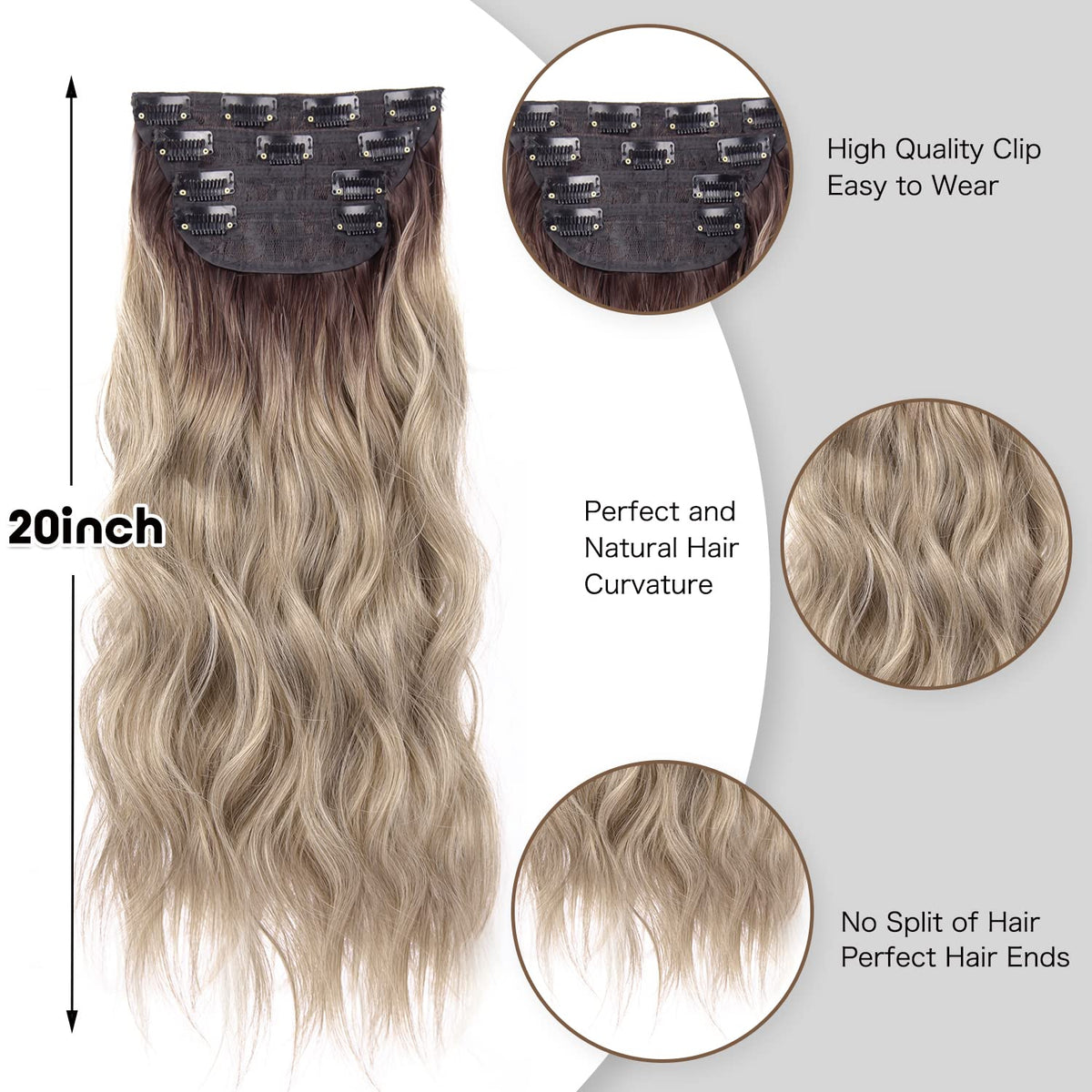 Back view of LEEONS 20-inch clip in hair extensions showing the wavy texture