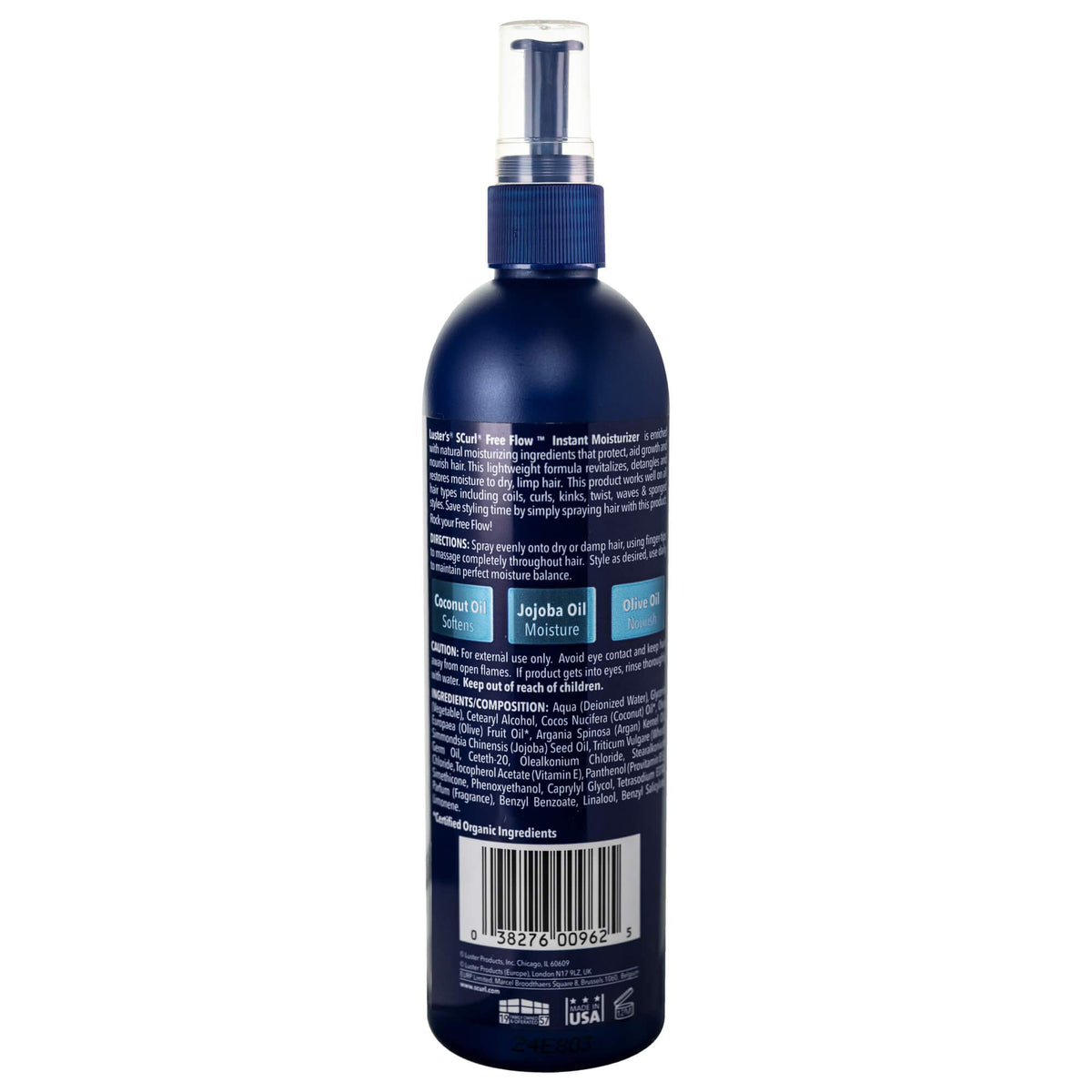 Back view of Luster's SCurl Free Flow Instant Moisturizer 399g packaging