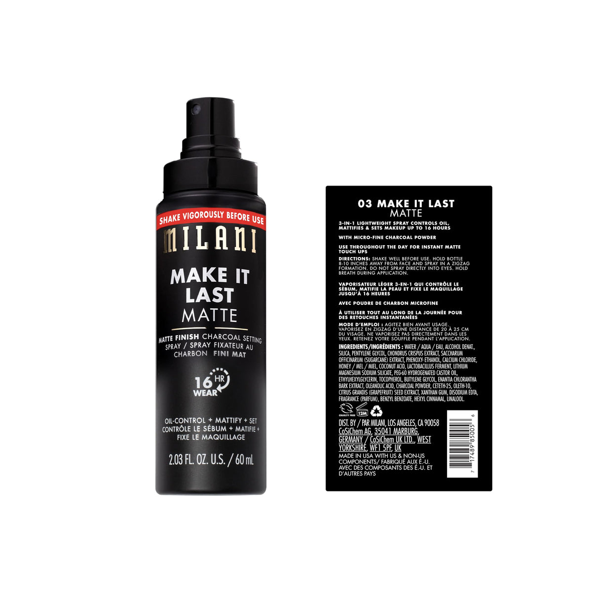 Back view of Milani Make It Last Matte Setting Spray packaging