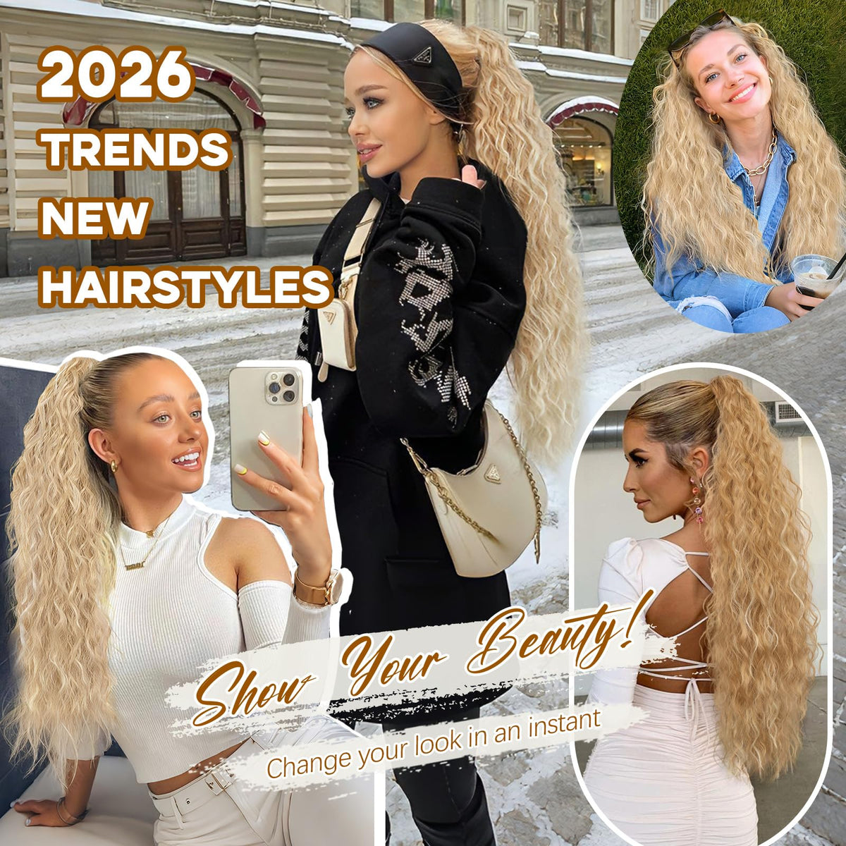 Back view of ORSUNCER wavy ponytail extension