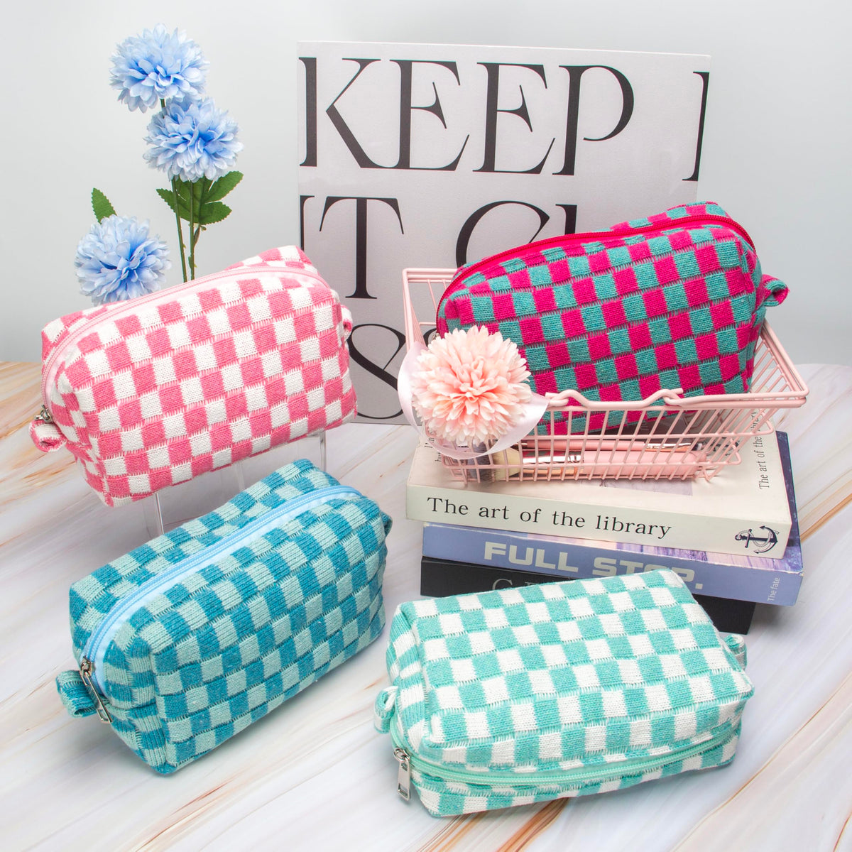 Back view of PAZIMIIK Checkered Makeup Bag showing texture