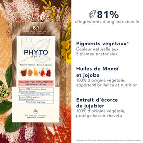 Back view of PHYTO Phytocolor 8.1 Light Ash Blonde packaging with ingredient list