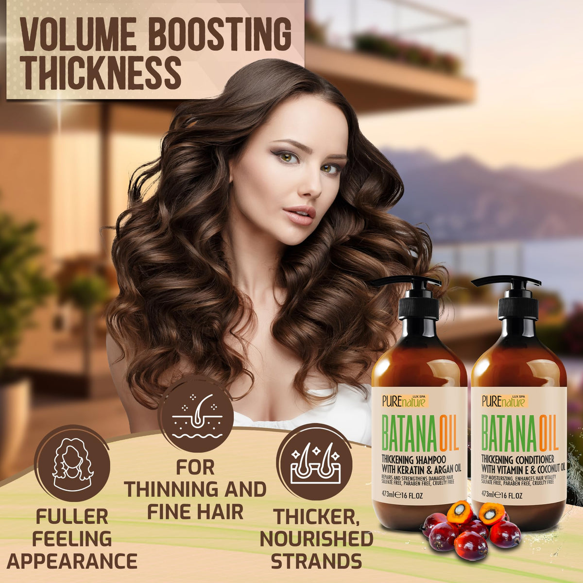 Back view of PURE NATURE LUX SPA Batana Oil Shampoo and Conditioner