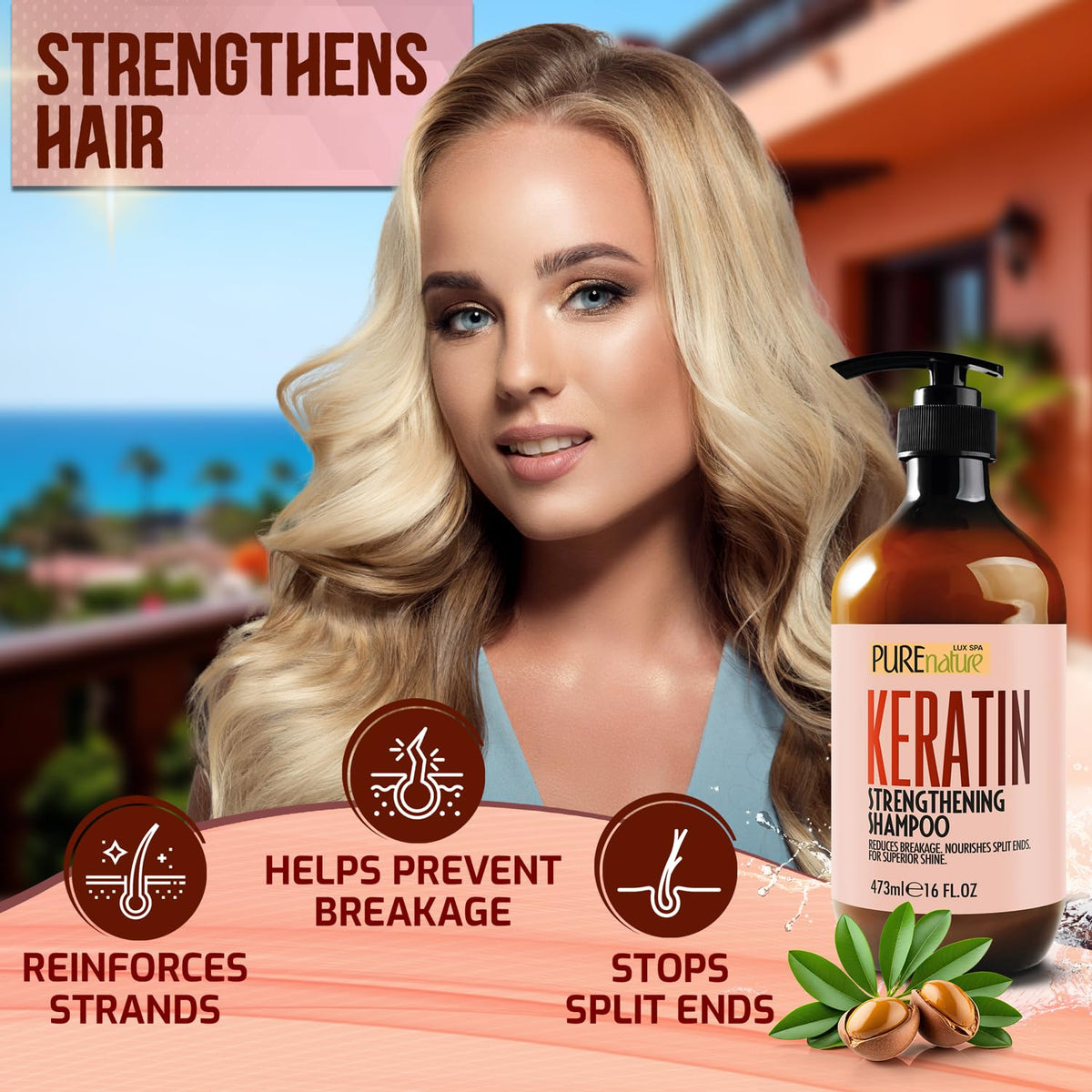 Back view of PURE NATURE LUX SPA Keratin Shampoo bottle