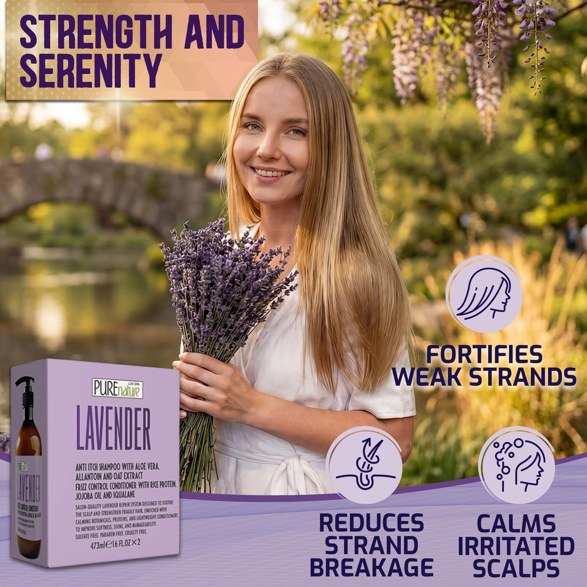 Back view of PURE NATURE LUX SPA Lavender Shampoo and Conditioner bottles