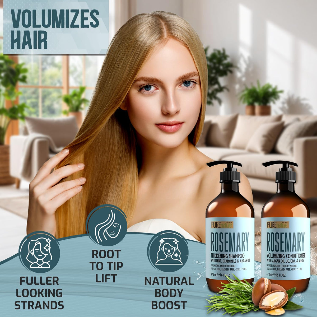 Back view of PURE NATURE LUX SPA Rosemary Shampoo and Conditioner Set