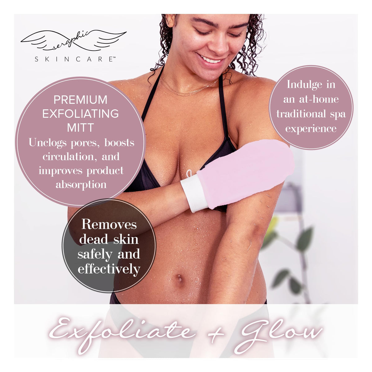 Back view of SERAPHIC SKINCARE Pink Premium Exfoliating Mitt