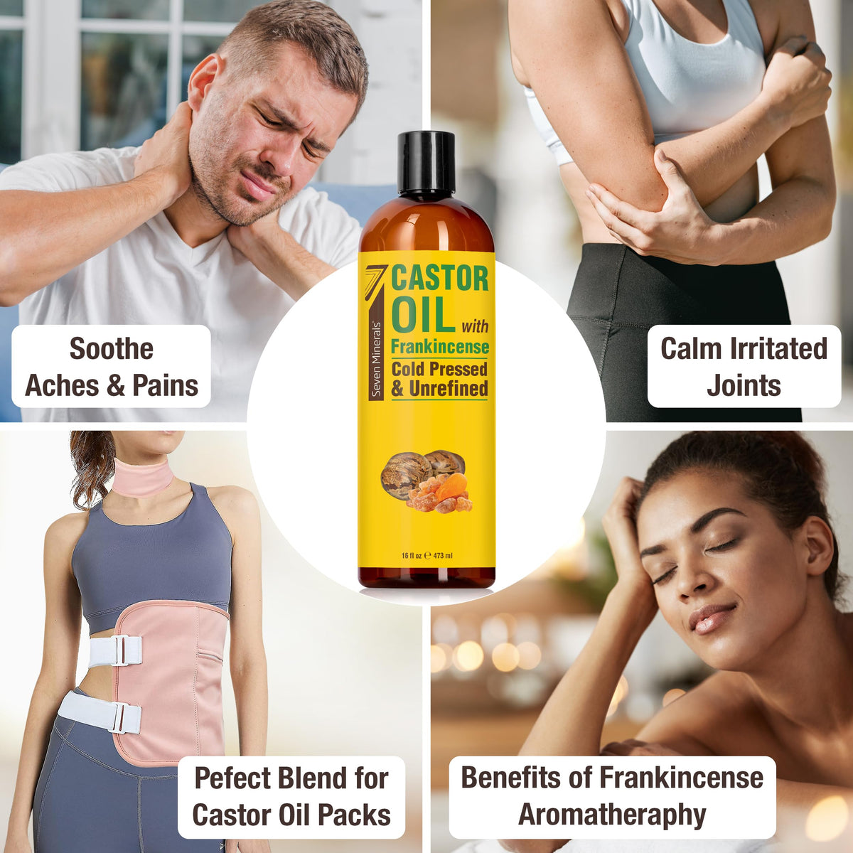 Back view of Seven Minerals Cold Pressed Castor Oil bottle