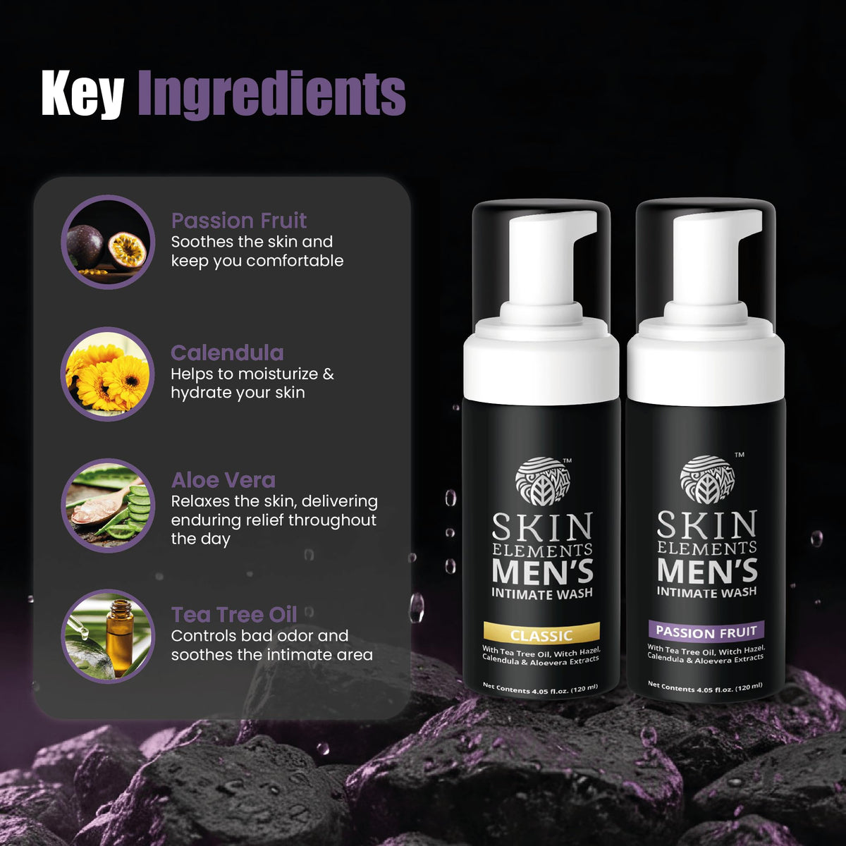 Back view of Skin Elements Men's Intimate Wash bottle with ingredient list