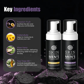 Back view of Skin Elements Men's Intimate Wash bottle with ingredient list