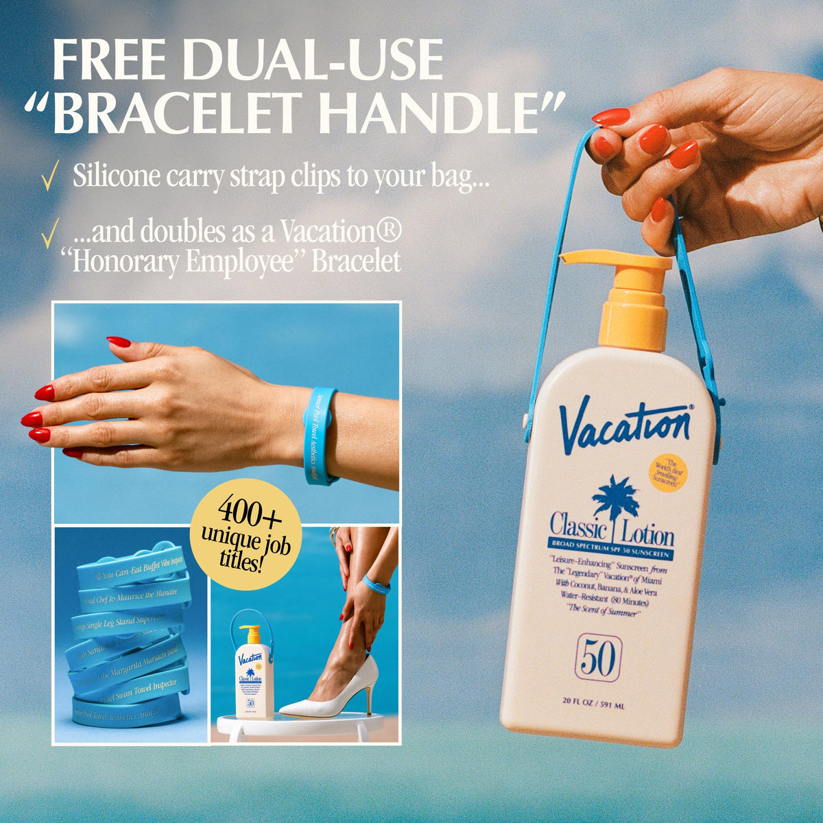 Back view of VACATION Classic SPF 50 Sunscreen Lotion packaging
