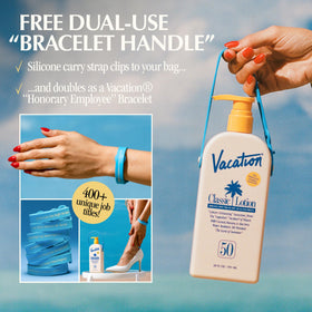 Back view of VACATION Classic SPF 50 Sunscreen Lotion packaging