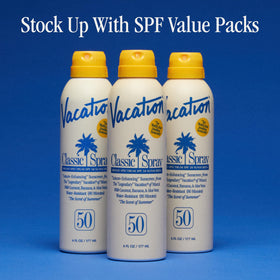 Back view of VACATION Classic SPF 50 Sunscreen Spray bottle