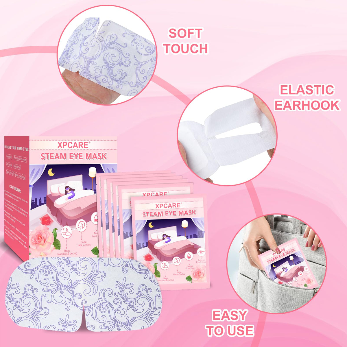 Back view of XPCARE Steam Eye Mask packaging with instructions