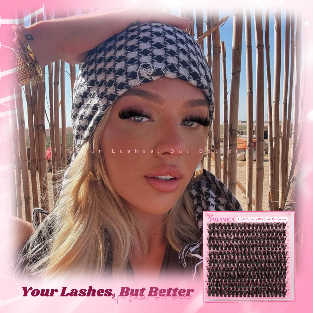 Back view of Yawamica lash clusters packaging