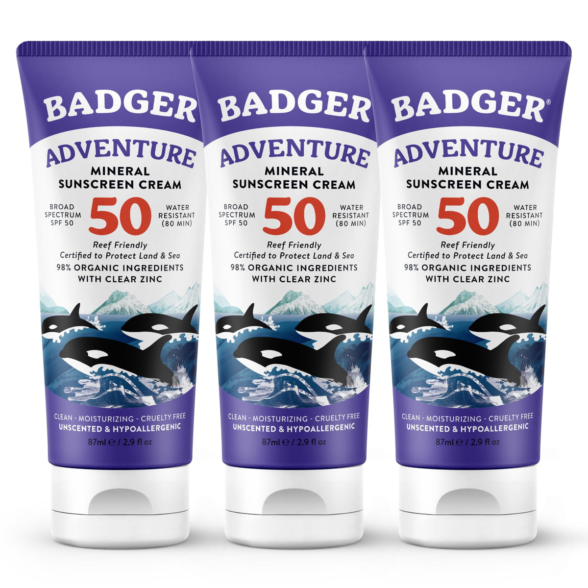 Badger Biodegradable Reef Safe Sunscreen SPF 50, 3-pack front view
