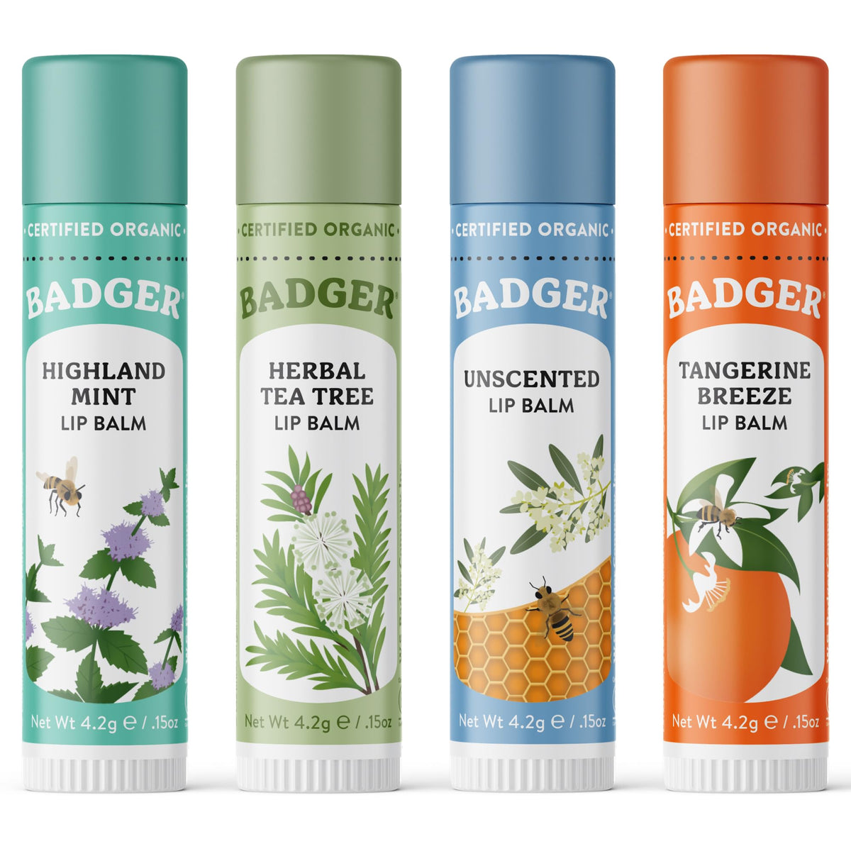 Badger Classic Lip Balm Variety Pack front view with green box