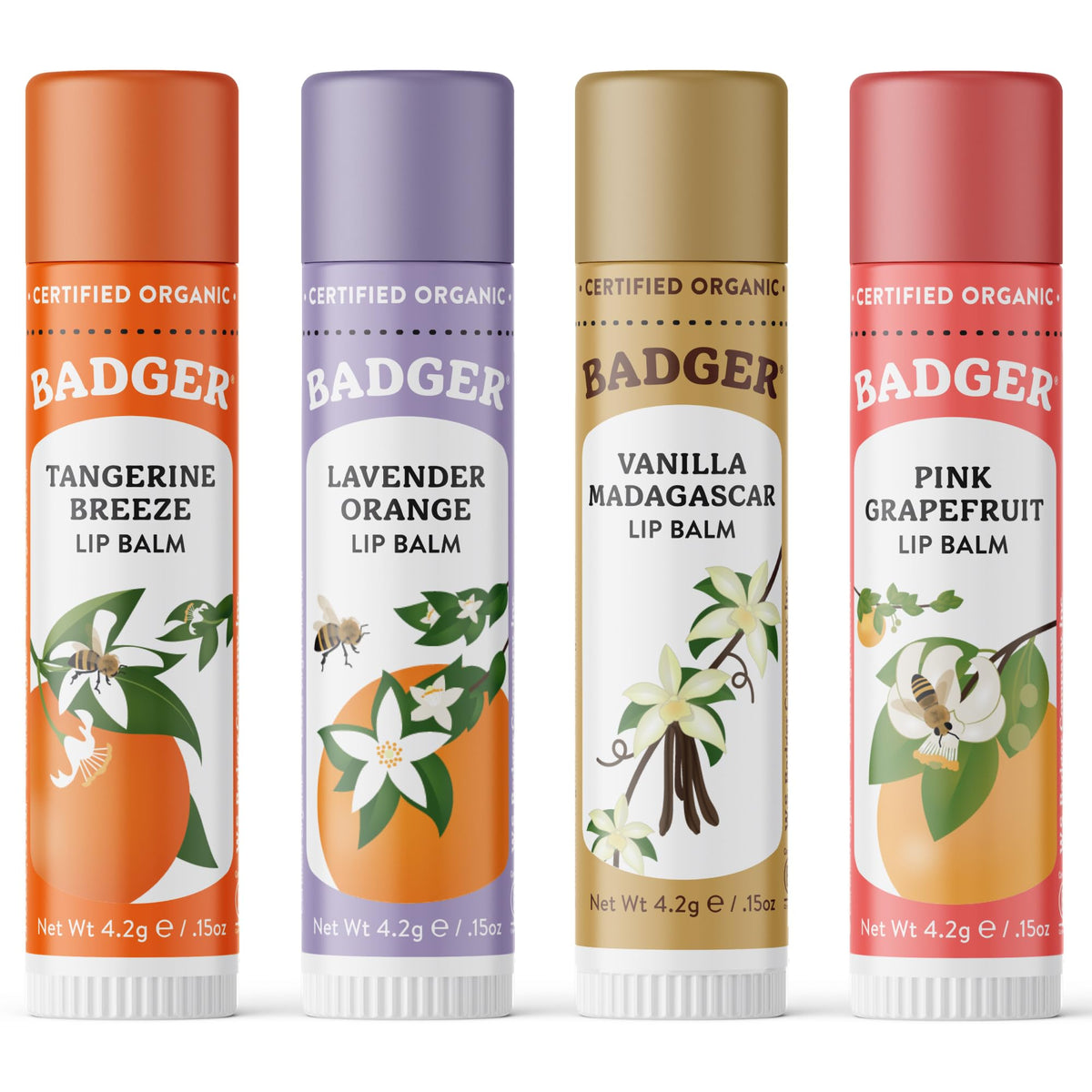 Badger Classic Lip Balm Variety Pack front view, yellow box