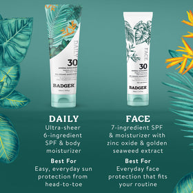 Badger Mineral Daily Sunscreen SPF 30 on a table with sunhat