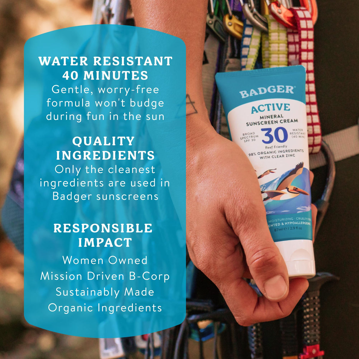 Badger Mineral Sunscreen Cream SPF 30 in hand outdoors