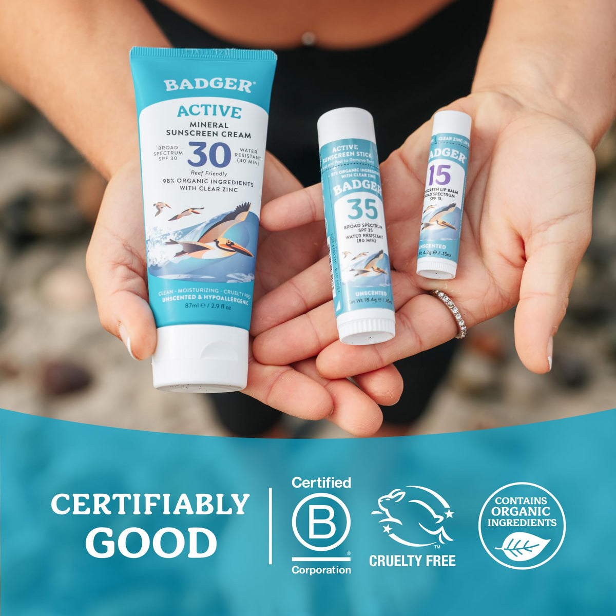 Badger Mineral Sunscreen Face Stick SPF 35 with beach background