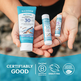Badger Mineral Sunscreen Face Stick SPF 35 with beach background