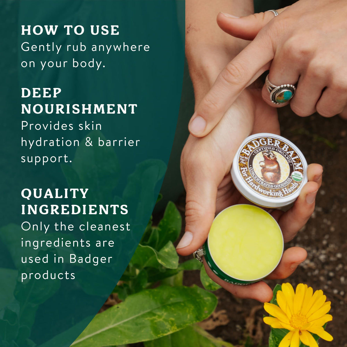 Badger Organic Healing Hand Balm being applied to hands
