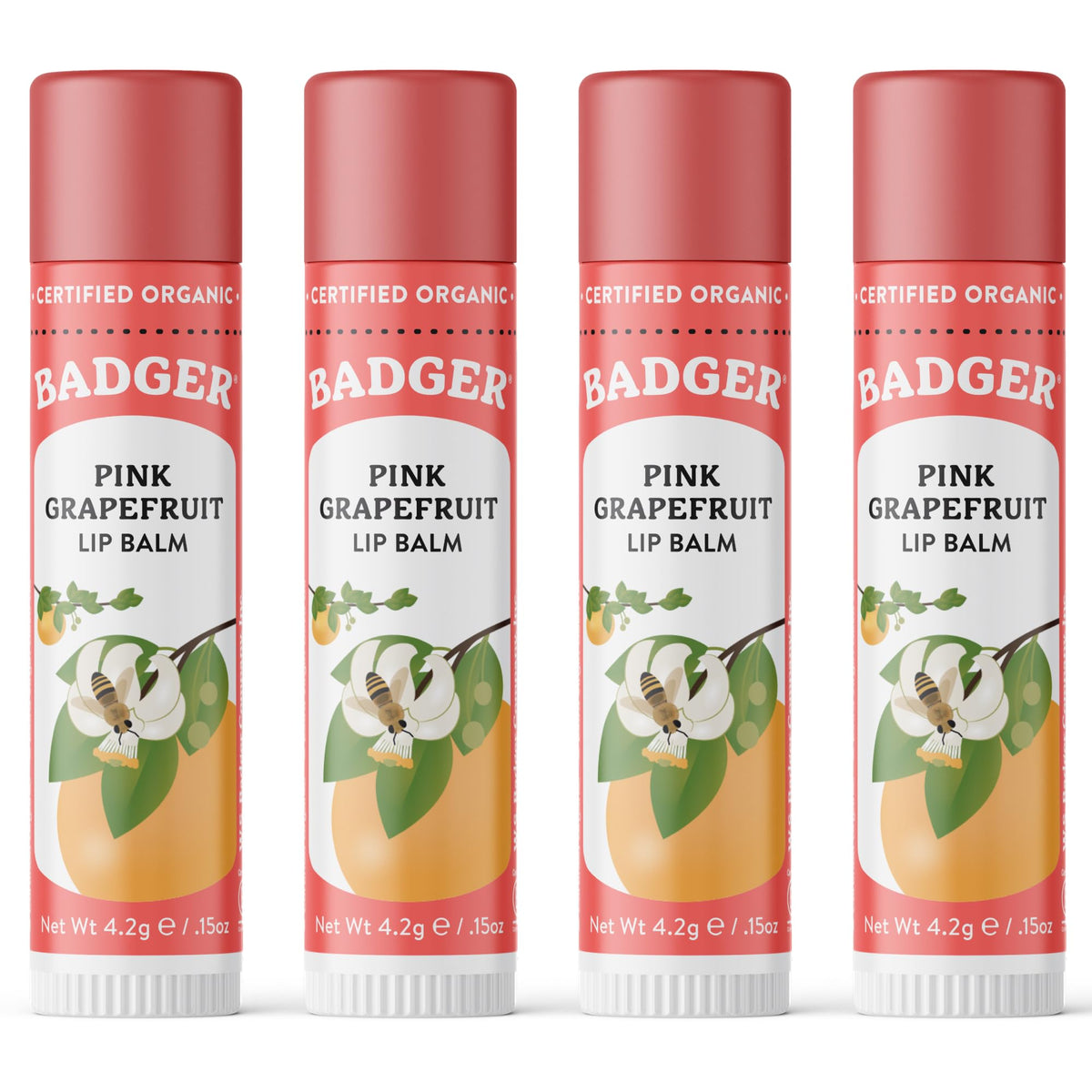 Badger Pink Grapefruit Organic Lip Balm 4 Pack front view