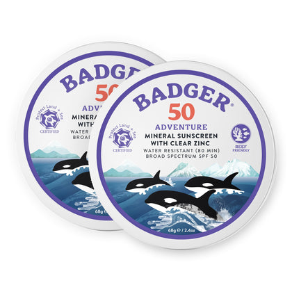Badger Reef Safe Mineral Sunscreen SPF 50 front view in recyclable tin