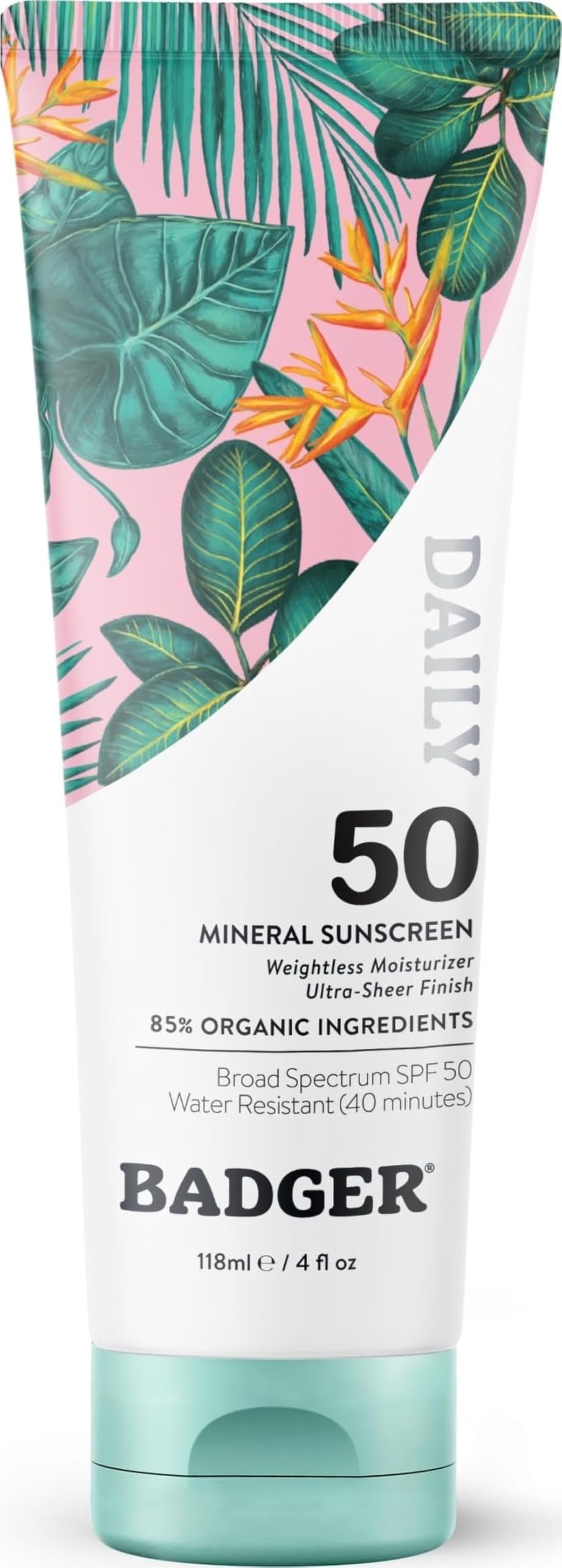 Badger SPF 50 Daily Mineral Sunscreen front view, 4 fl oz