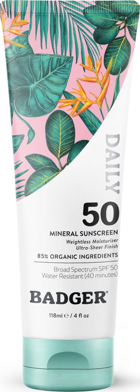 Badger SPF 50 Daily Mineral Sunscreen front view, 4 fl oz