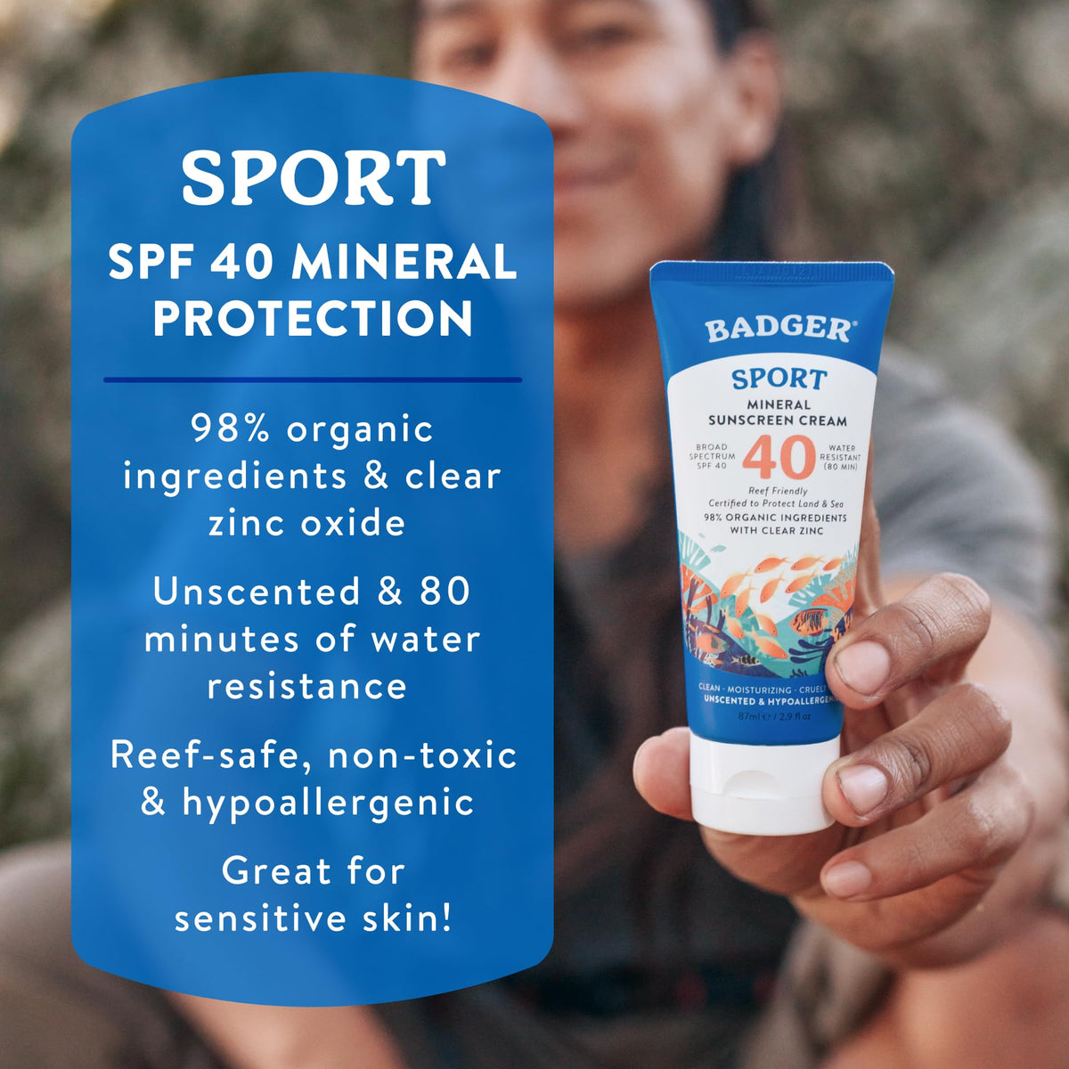 Badger Sport Mineral Sunscreen SPF 40 back view of packaging
