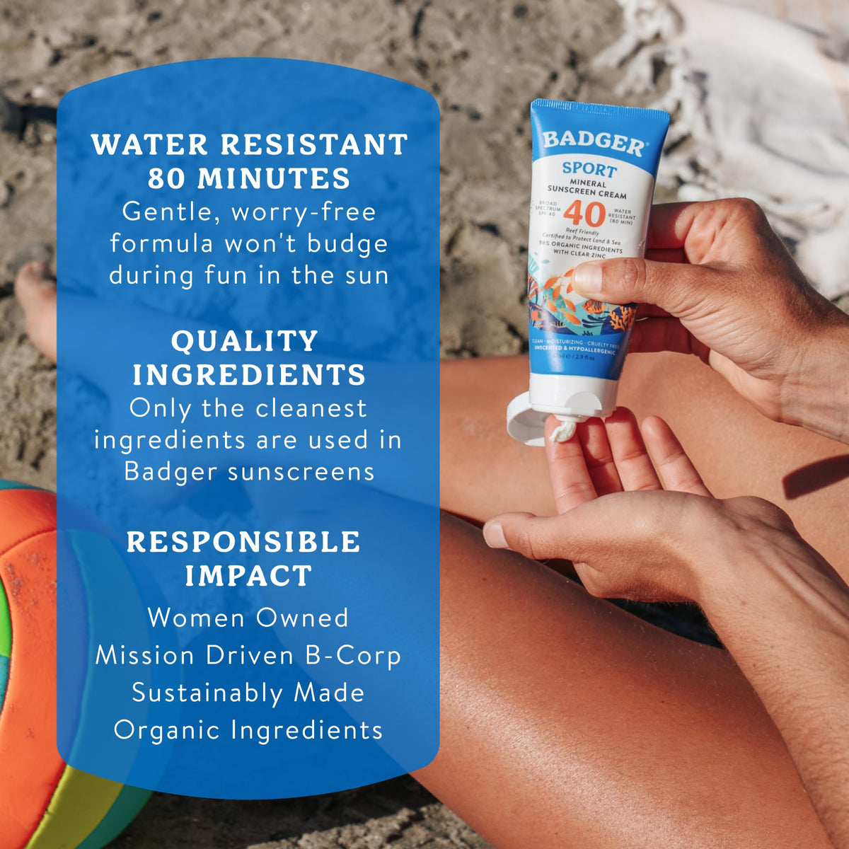 Badger Sport Mineral Sunscreen SPF 40 with surfboard