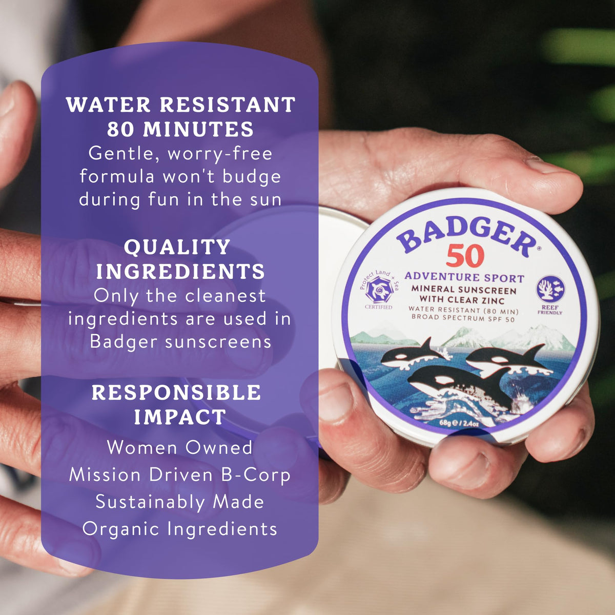 Badger sunscreen tin with a beach background
