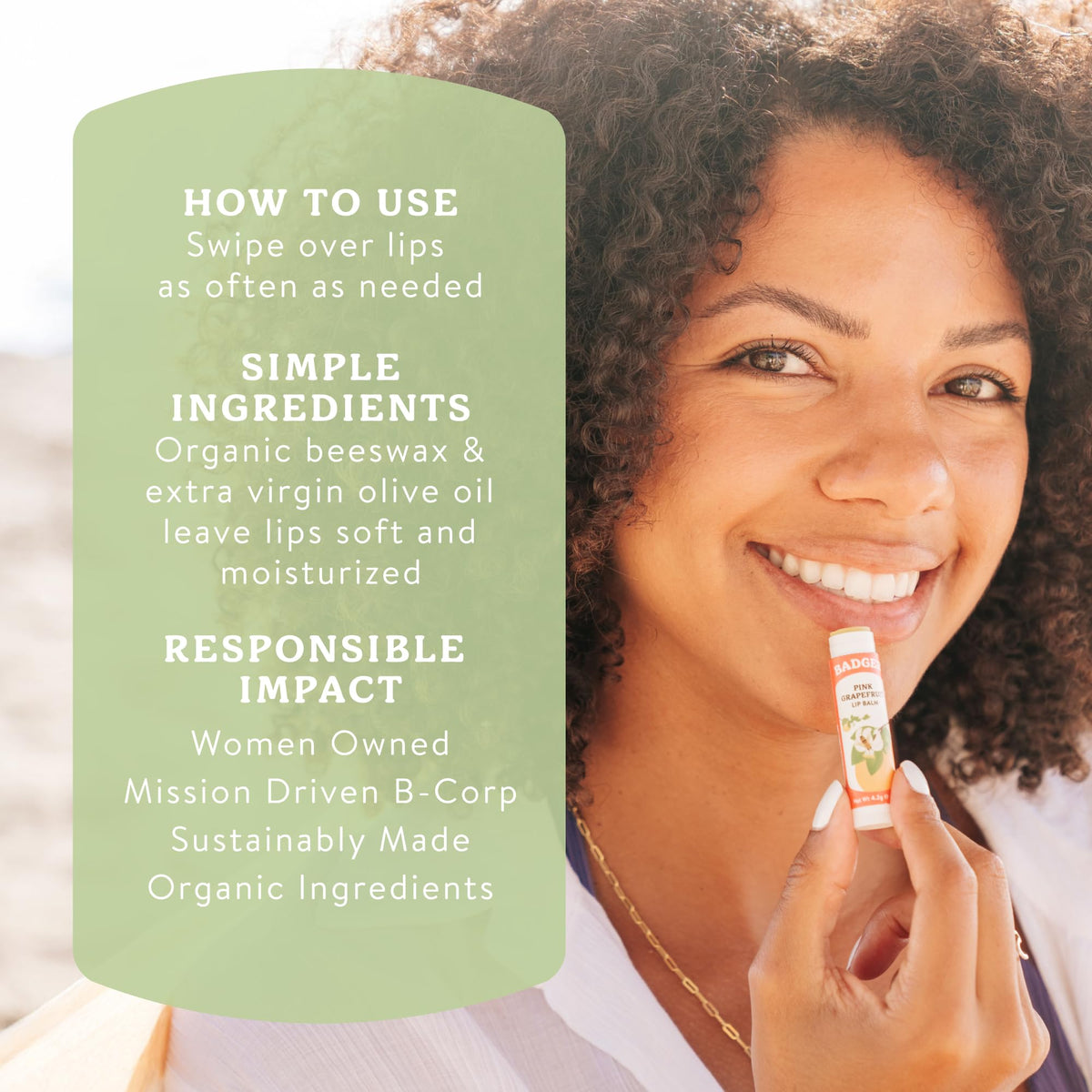 Badger Tea Tree Lip Balm packaging with ingredients