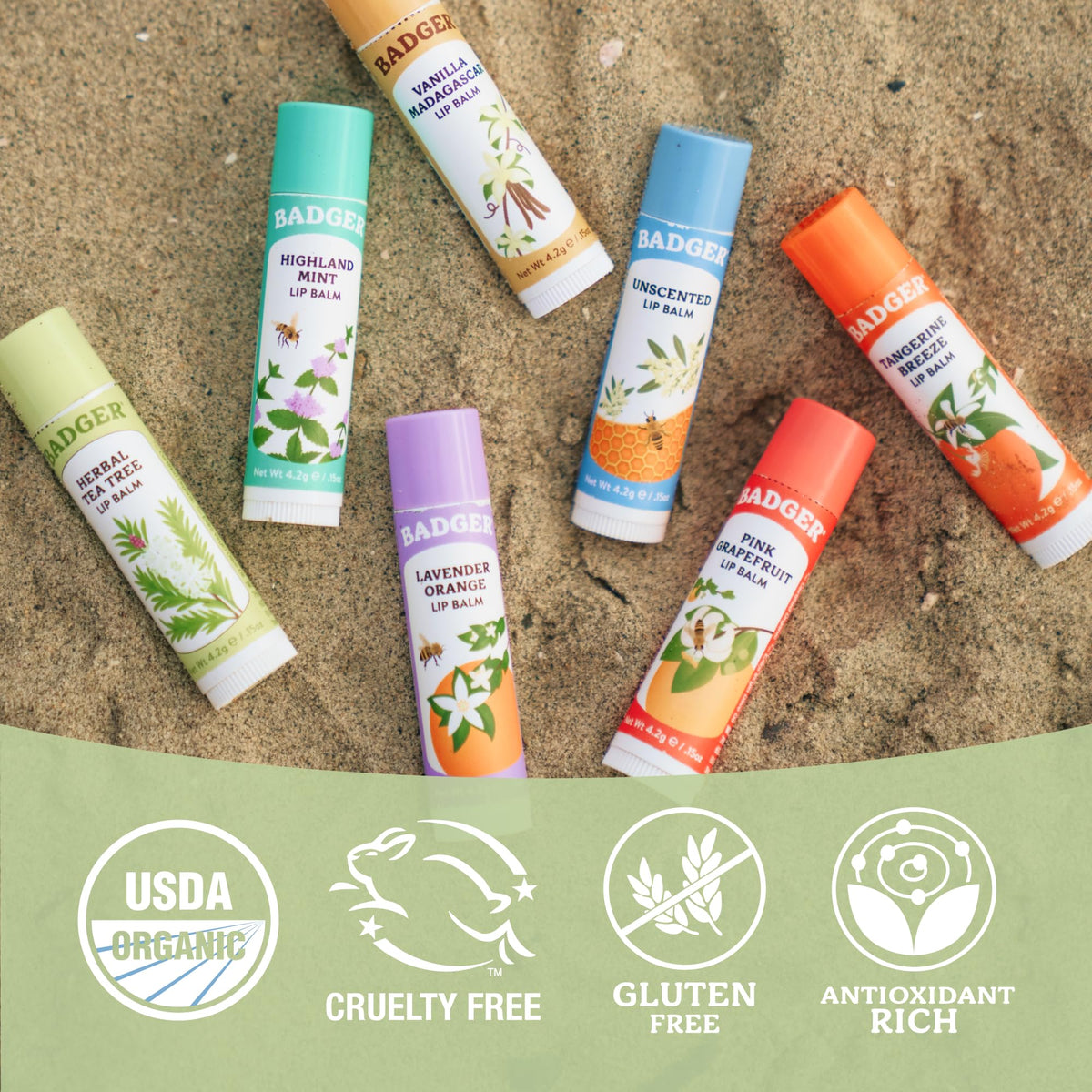 Badger Tea Tree Lip Balm with a natural background