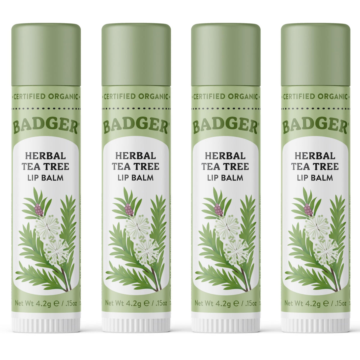 Badger Tea Tree Organic Lip Balm 4 Pack front view