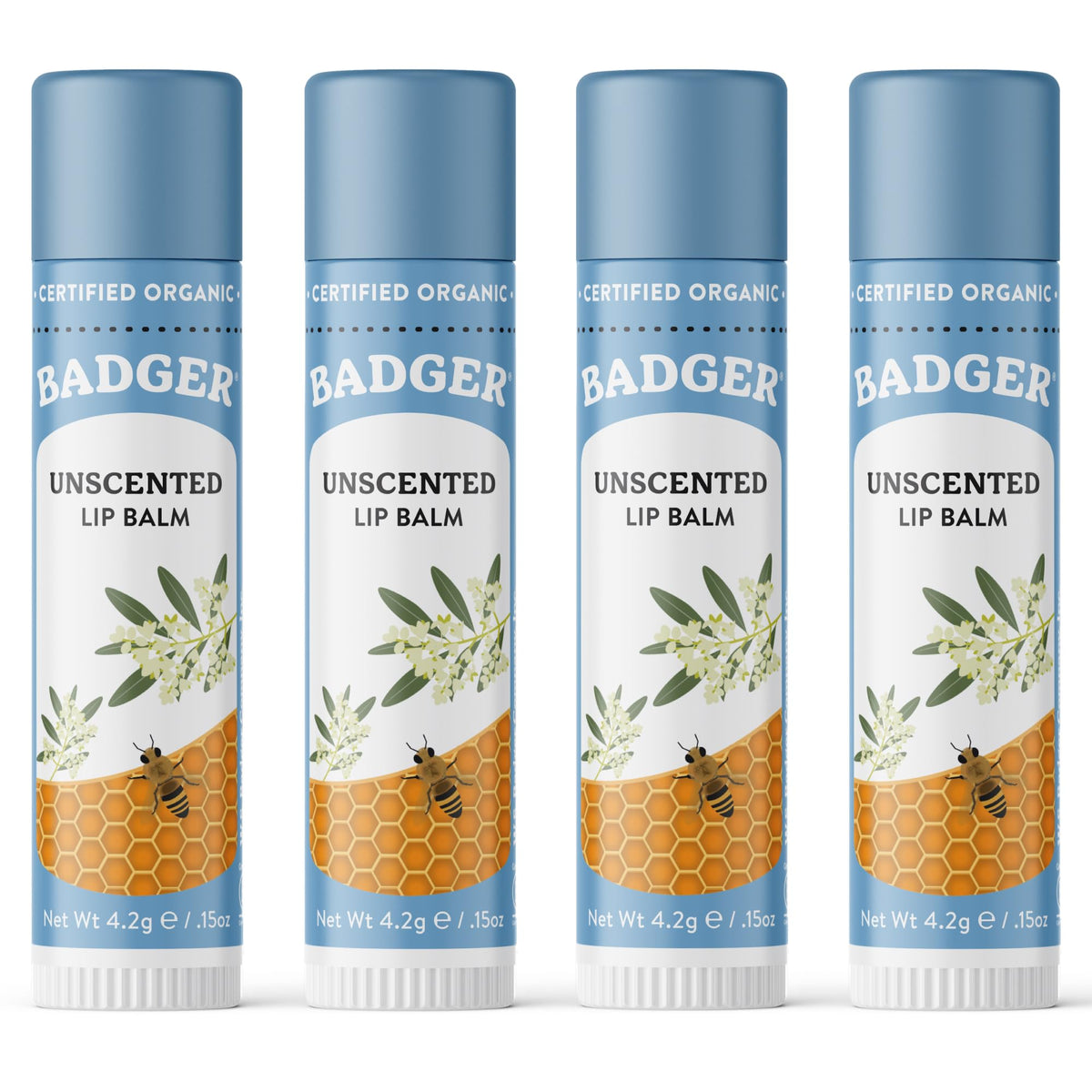 Badger Unscented Organic Lip Balm 4 Pack front view