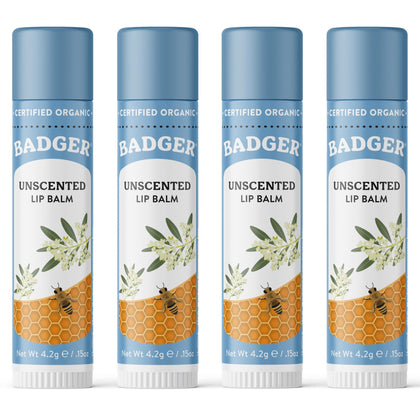 Badger Unscented Organic Lip Balm 4 Pack front view