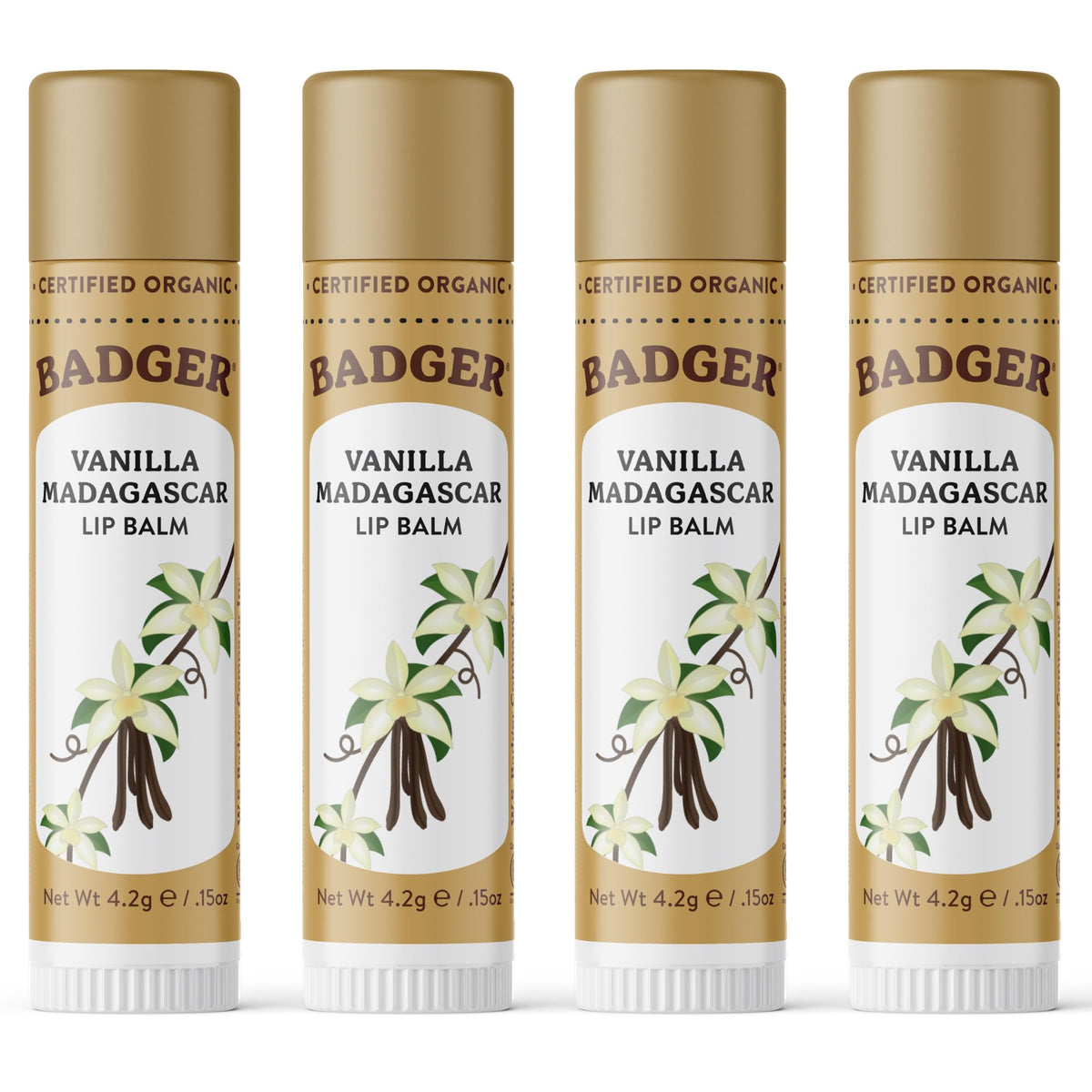 Badger Vanilla Madagascar Organic Lip Balm 4 Pack front view