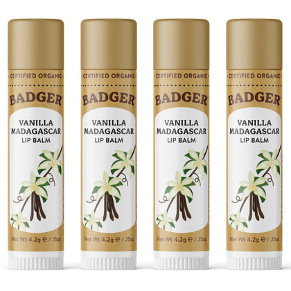 Badger Vanilla Madagascar Organic Lip Balm 4 Pack front view
