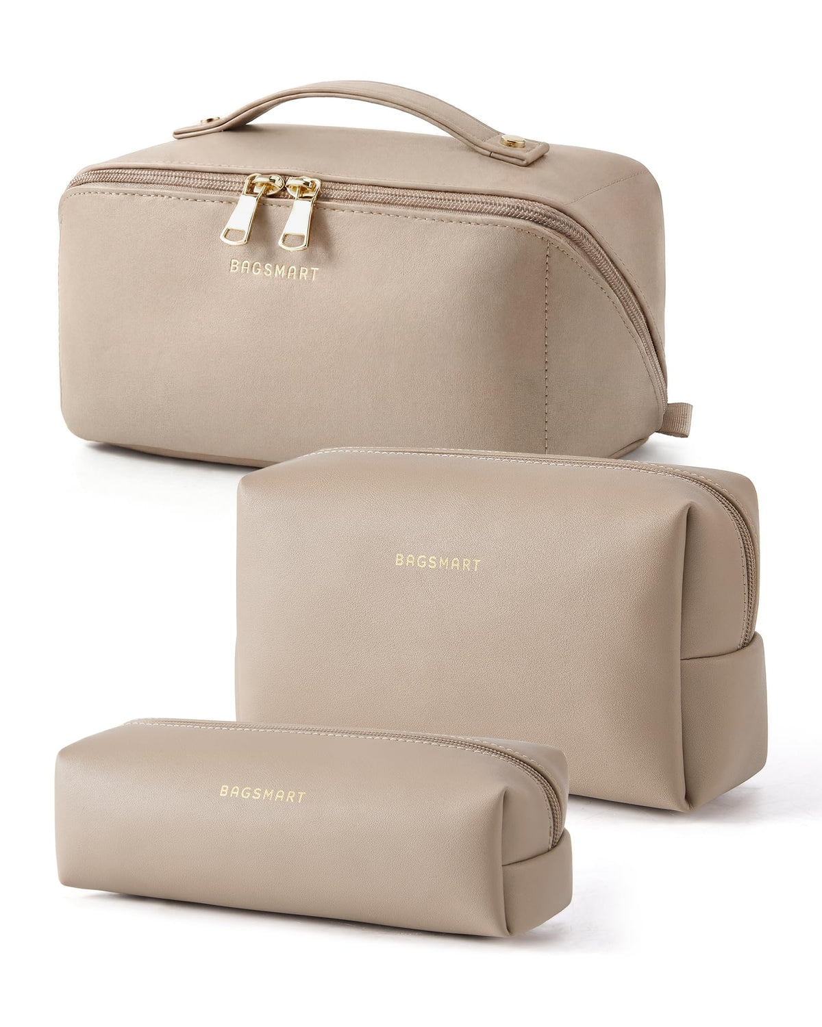 BAGSMART 3 Pcs Makeup Bag Set in Camel - Main bag front view