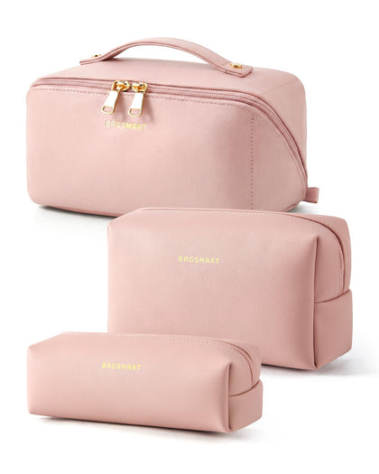 BAGSMART 3 Pcs Makeup Bag Set in Nude Pink, front view