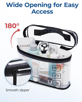 BAGSMART clear cosmetic bag opened, showing travel essentials