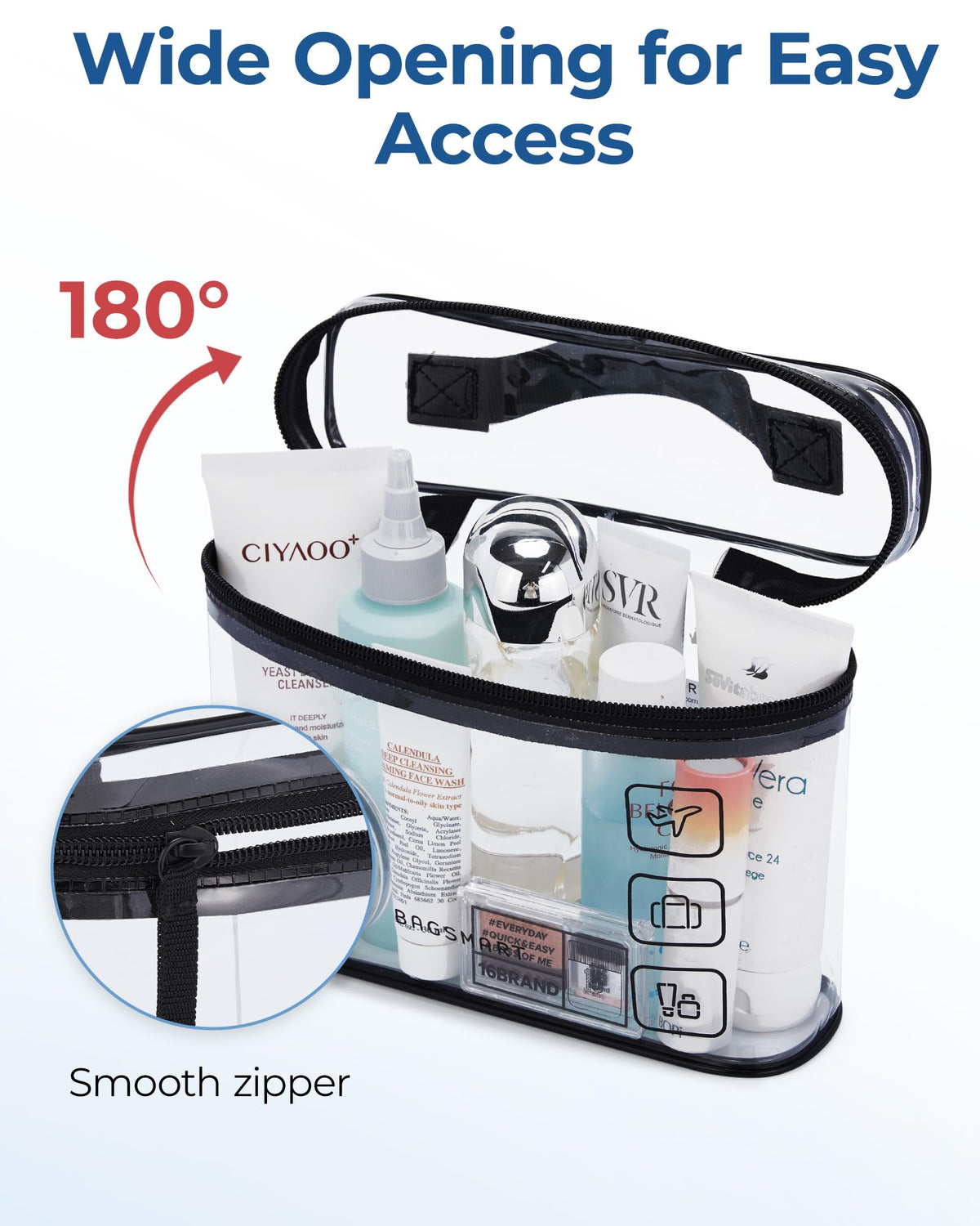 BAGSMART clear makeup bag open showing travel essentials