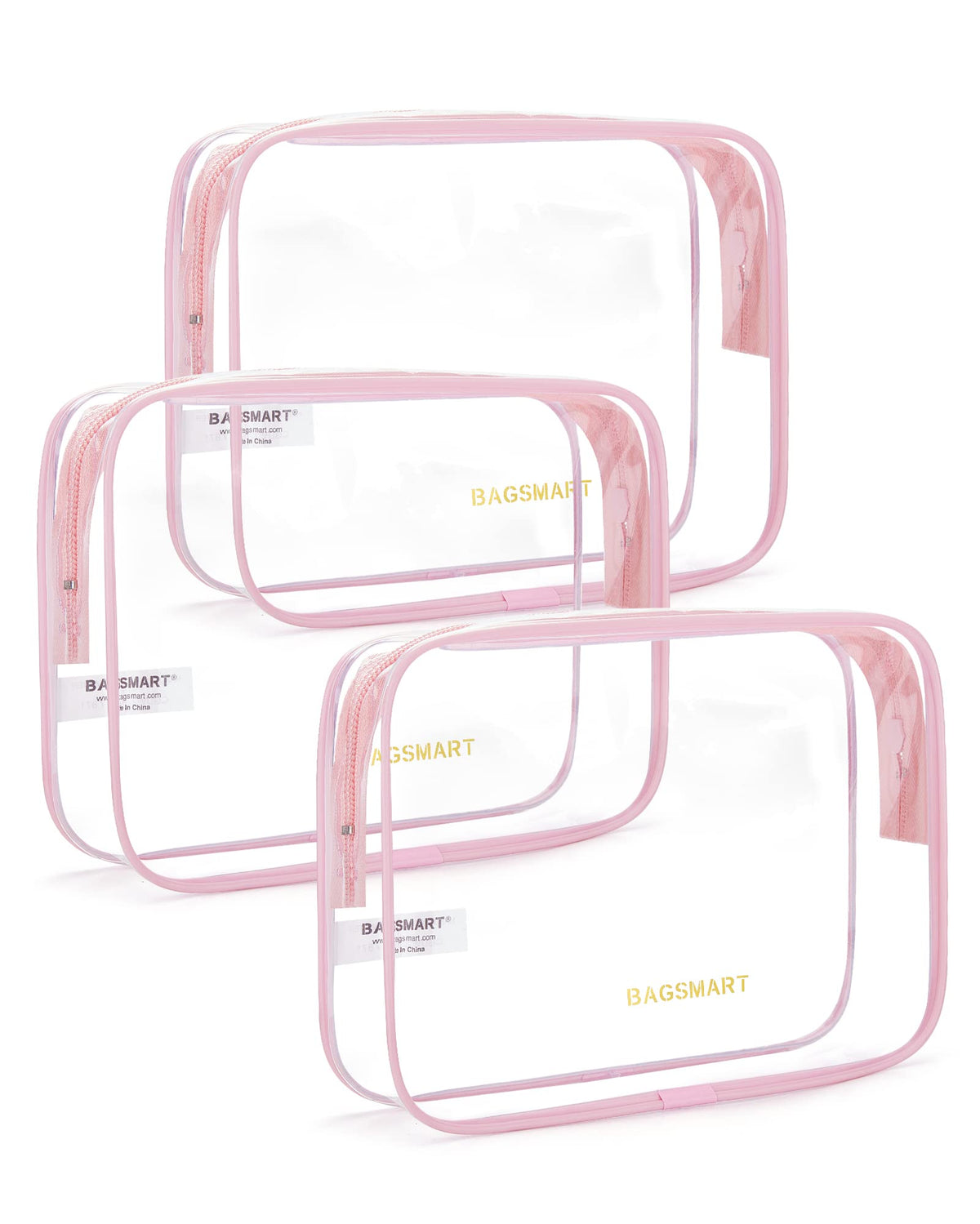 BAGSMART Clear Toiletry Bag 3-Pack front view in pink