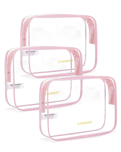 BAGSMART Clear Toiletry Bag 3-Pack front view in pink