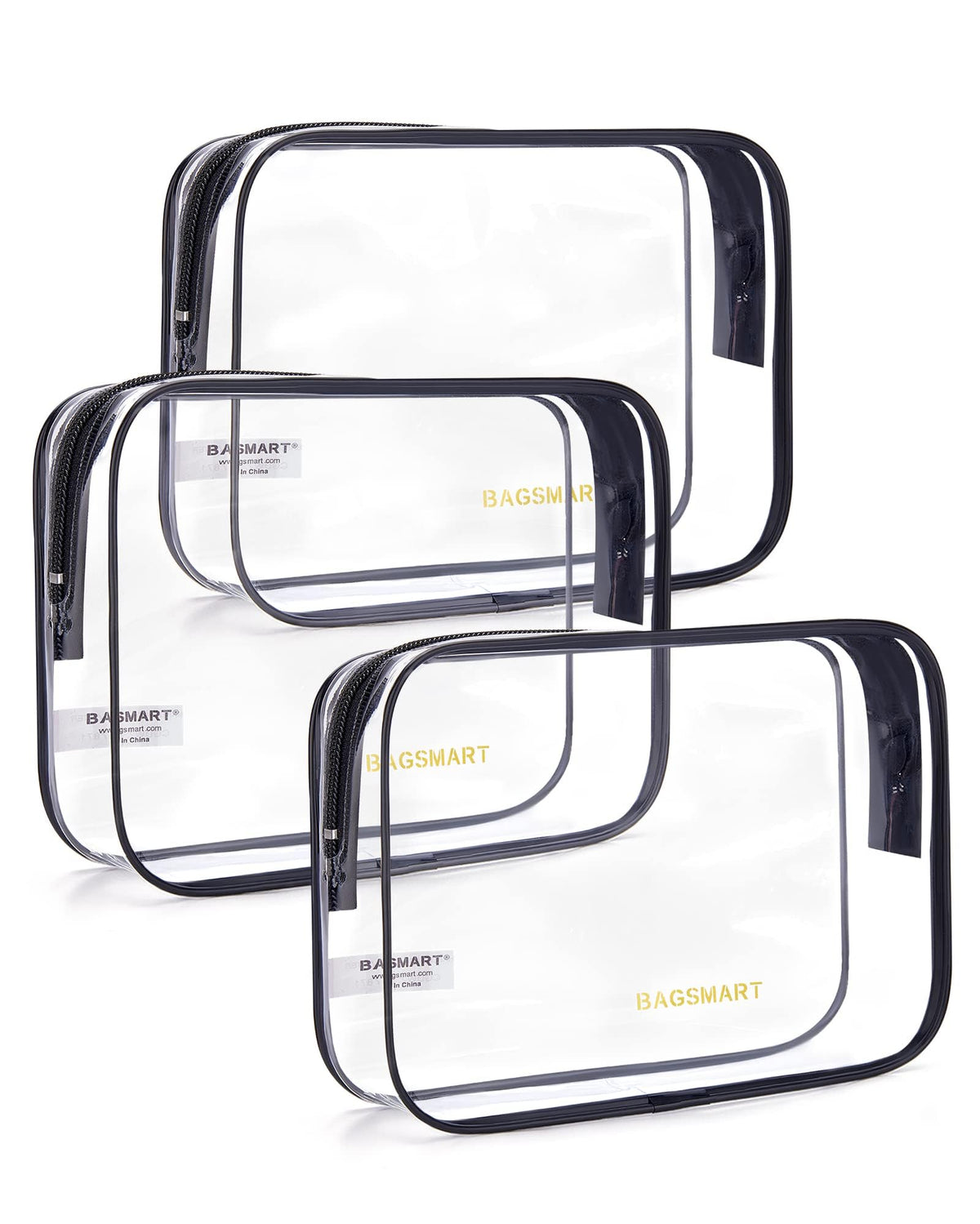 BAGSMART Clear Toiletry Bag 3-Pack front view showing three bags
