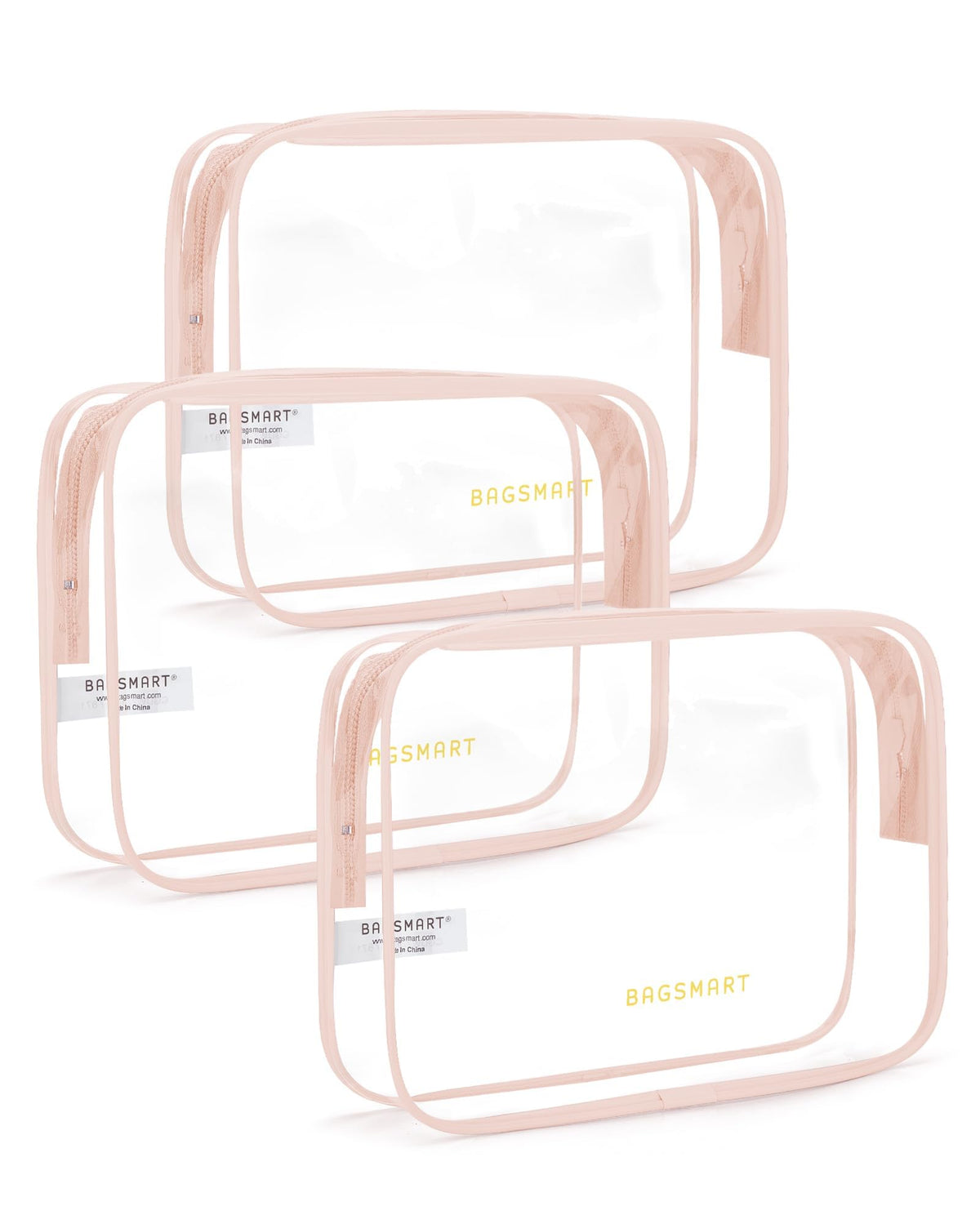BAGSMART Clear Toiletry Bag 3-Pack in nude pink front view